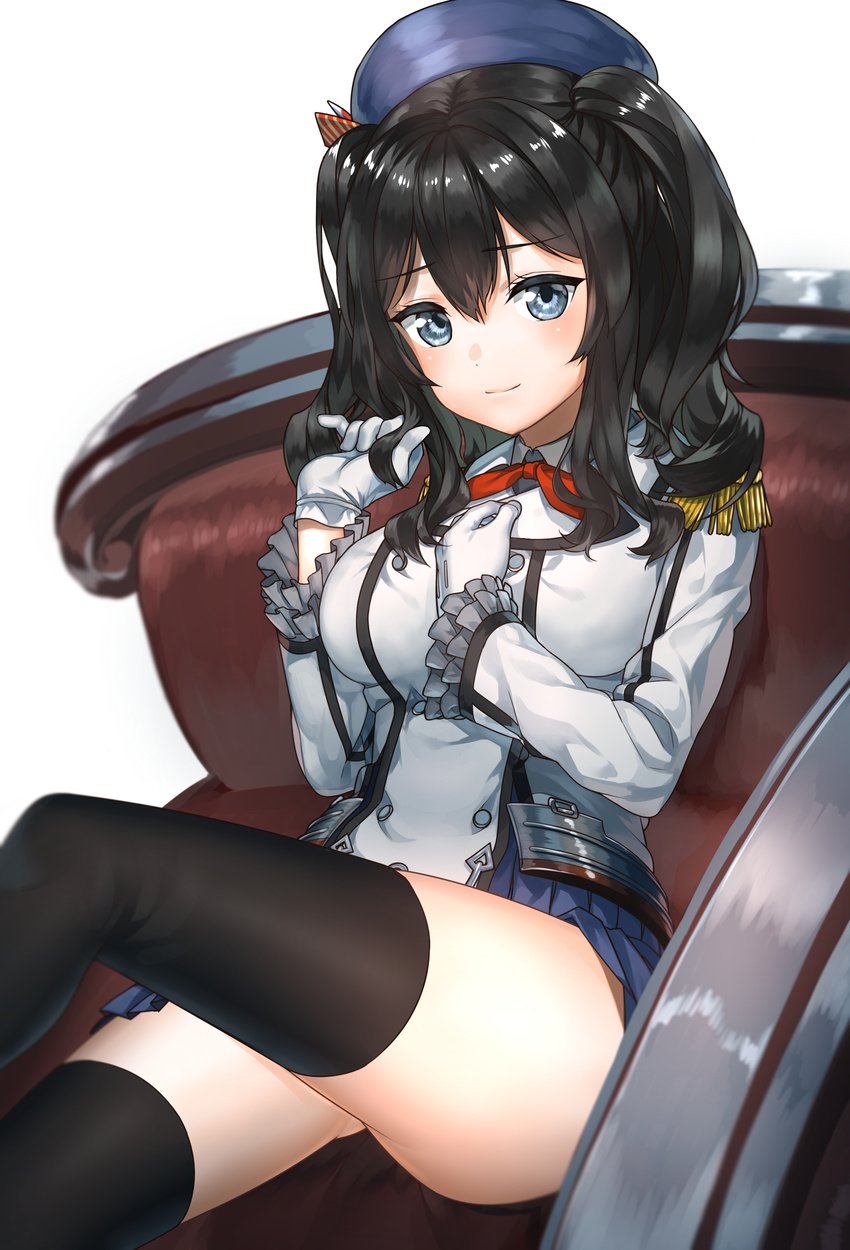 absurdres alternate_hair_color bad_id bad_pixiv_id beret black_hair black_legwear blue_eyes blush breasts buttons epaulettes frilled_sleeves frills gloves harumaki_haruki hat highres kantai_collection kashima_(kantai_collection) kerchief large_breasts looking_at_viewer military military_uniform miniskirt pleated_skirt sitting skirt smile solo thighhighs twintails uniform wavy_hair white_gloves zettai_ryouiki