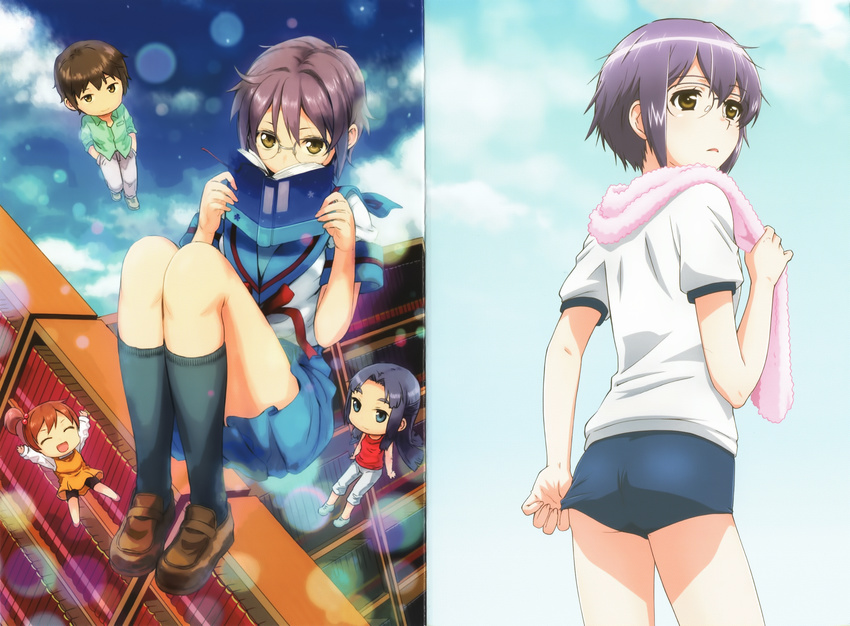 3girls ^_^ absurdres adjusting_buruma adjusting_clothes artist_request asakura_ryouko black_legwear blu-ray_cover blue_hair book bookshelf brown_eyes brown_hair buruma chibi closed_eyes cloud cover day floating glasses green_shirt gym_shorts gym_uniform highres kita_high_school_uniform kyon kyon_no_imouto long_hair looking_at_viewer multiple_girls nagato_yuki official_art purple_hair scan school_uniform serafuku shirt short_hair shorts side_ponytail smile suzumiya_haruhi_no_shoushitsu suzumiya_haruhi_no_yuuutsu towel towel_around_neck