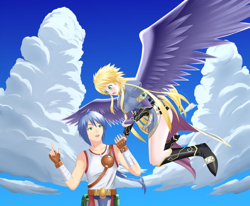 1girl angel_wings ass black_wings blonde_hair blue_hair boots breasts breath_of_fire breath_of_fire_ii dress green_eyes knee_boots legs long_hair nina_(breath_of_fire_ii) ryuu_(breath_of_fire_ii) shiden_(john_shiden) short_hair wings