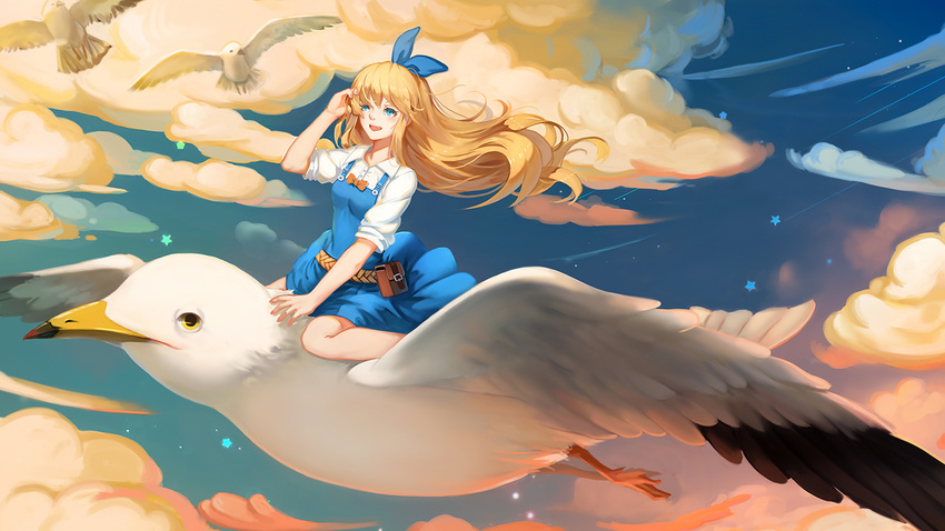 alice_(wonderland) alice_(wonderland)_(cosplay) alice_in_wonderland animal bird blonde_hair blue_eyes bow cloud cosplay hair_bow long_hair minhoo oversized_animal seagull sky solo