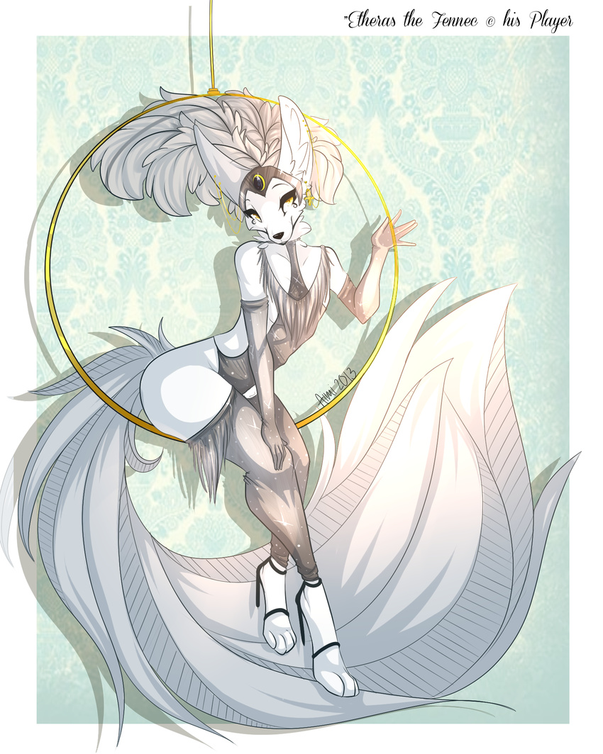 2013 abstract_background aimi anthro canine clothed clothing crossdressing digital_media_(artwork) ear_piercing elbow_gloves english_text etheras etheras_(copyright) fennec fox girly gloves hi_res high_heels inner_ear_fluff jewelry legwear male mammal piercing shadow showgirl solo stockings text