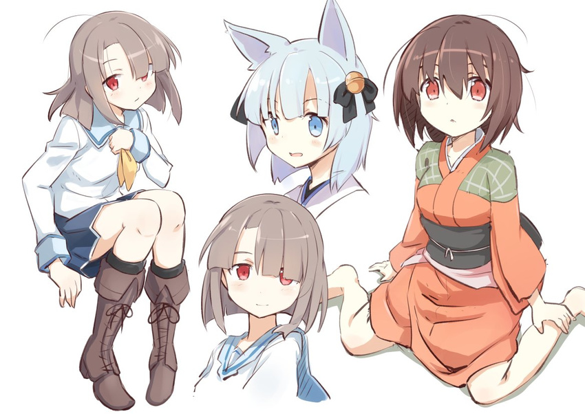 ahoge animal_ears ascot bangs barefoot bell blue_eyes blue_hair blunt_bangs blush boots bow breasts brown_hair commentary_request fox_ears full_body grey_hair hair_bell hair_between_eyes hair_bow hair_ornament hair_over_one_eye hair_ribbon japanese_clothes kimono looking_at_viewer medium_breasts multiple_girls neckerchief obi original patch portrait red_eyes ribbon sash school_uniform senhappyaku serafuku simple_background sitting sketch skirt smile upper_body wariza white_background