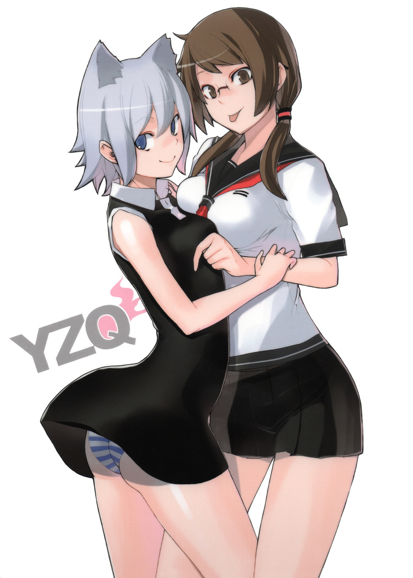 2girls :&gt; :p animal_ears asymmetrical_docking black_dress blue_eyes blue_striped_panties breast_press brown_eyes brown_hair cat_ears couple dress dress_lift glasses isone_kotoha low_twintails multiple_girls nanami_ao official_art panties pantyshot rimless_glasses school_uniform serafuku silver_hair skirt smile striped striped_panties tongue tongue_out twintails underwear yasuda_suzuhito yozakura_quartet yuri