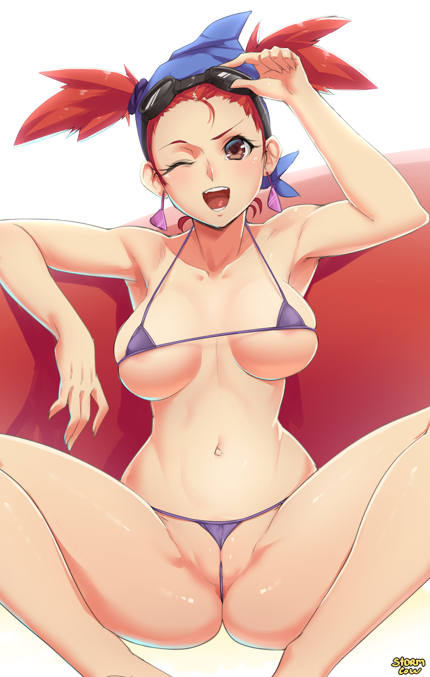 absurdres arm_up artist_name bare_shoulders bikini breasts brown_eyes earrings goggles goggles_on_head guppi head_scarf highres jewelry large_breasts looking_at_viewer navel one_eye_closed open_mouth red_eyes short_hair simple_background sitting solo spread_legs stormcow string_bikini swimsuit teeth thong thong_bikini twintails wayforward white_background xtreme_sports