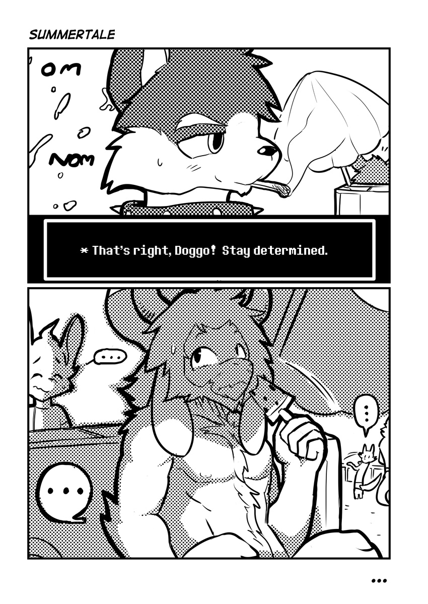 ... anthro asgore_dreemurr athletic black_and_white blush canine caprine close-up clothed clothing collar comic dessert dog doggo eating english_text food goat hi_res ice_cream male mammal monochrome nice_cream_guy nipples parasol pecs reclining screentone sound_effects speech_bubble spiked_collar text topless undertale unseen_character video_games whiteleo