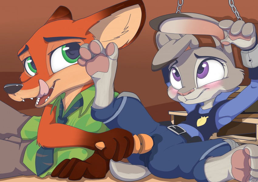 2016 anthro blush bound canine chain clothing cuffs_(disambiguation) disney duo fangs female fox fur gloves_(marking) green_eyes grey_fur hindpaw judy_hopps lagomorph licking licking_lips male male/female mammal markings mistydash nick_wilde open_mouth orange_fur pawpads paws police_uniform predator/prey purple_eyes rabbit sex_toy tongue tongue_out uniform vibrator wet zootopia