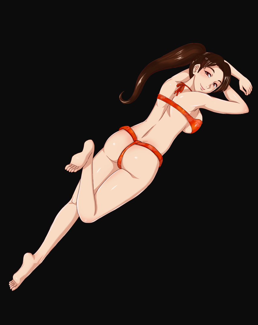 absurdres ass back bikini black_background brown_eyes brown_hair dead_or_alive highres kamitsuki_manmaru long_hair looking_at_viewer momiji_(ninja_gaiden) orange_bikini ponytail simple_background smile solo swimsuit thong_bikini