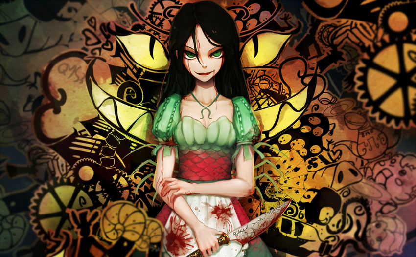 alice_(american_mcgee's) alice_(american_mcgee's) american_mcgee's_alice american_mcgee's_alice_madness_returns american_mcgee's_alice american_mcgee's_alice_madness_returns apron black_hair blood blood_on_clothes blood_on_face blood_on_weapons gear green_eyes holding holding_weapon jewelry lipstick long_hair looking_at_viewer makeup necklace qian_ye_2.s smile solo weapon weapons