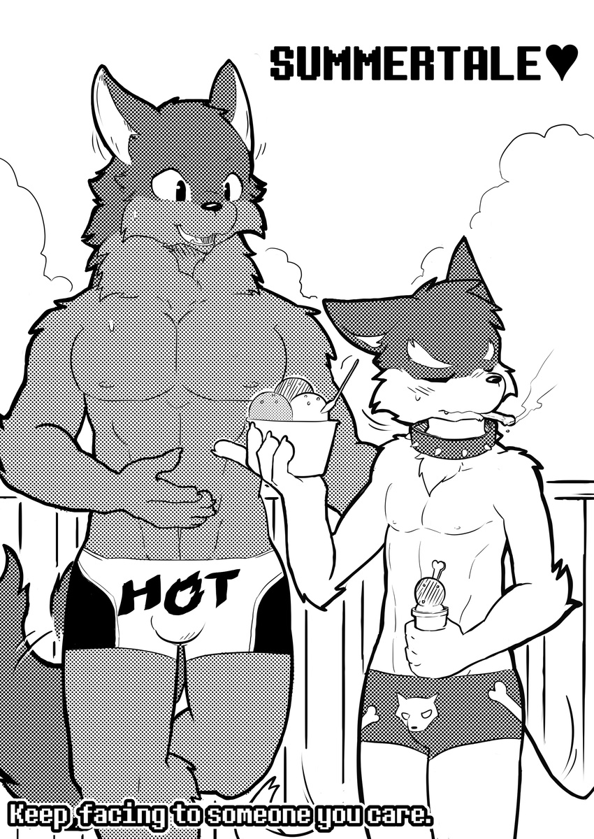 &lt;3 abs anthro black_and_white blush bulge canine clothed clothing collar dessert digital_media_(artwork) dog doggo duo english_text food front_view hi_res ice_cream ice_wolf_(undertale) looking_away male male/male mammal monochrome muscular nipples offering pecs screentone sharing shorts size_difference spiked_collar sweat sweatdrop swimsuit tailwag text topless undertale video_games whiteleo wolf
