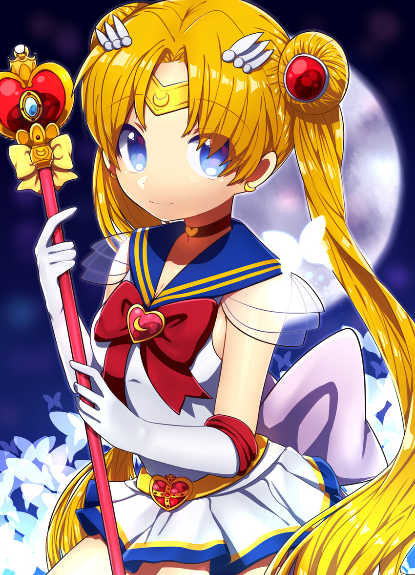 1girl bishoujo_senshi_sailor_moon bishoujo_senshi_sailor_moon_s blonde_hair blue_eyes cleavage collar coo diadem earrings gloves hair_buns jewelry long_hair looking_at_viewer magical_girl sailor_collar sailor_moon tsukino_usagi twintails weapons white_gloves