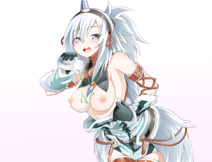 1girl blue_eyes bottle breasts breasts_outside fake_horns female hairband highres kirin_(armor) monster_hunter nipples niwaka_potato open_mouth ponytail potion simple_background solo teeth white_background white_hair