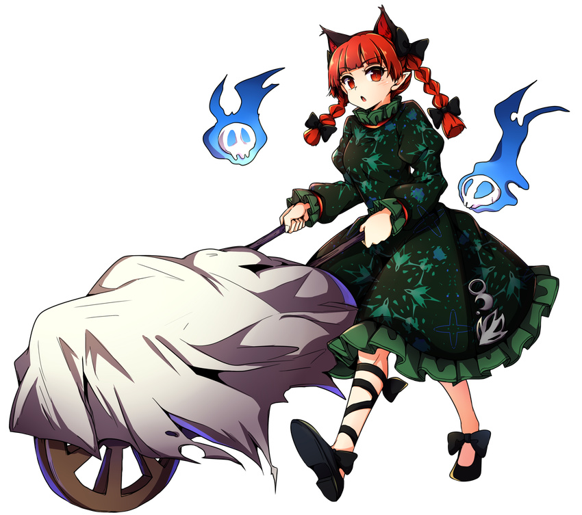 absurdres animal_ears baba_(baba_seimaijo) braid cat_ears dress extra_ears flaming_skull floating_skull full_body green_dress hair_ribbon highres juliet_sleeves kaenbyou_rin long_sleeves looking_at_viewer open_mouth puffy_sleeves red_eyes red_hair ribbon skull solo tachi-e tail touhou transparent_background twin_braids wheelbarrow