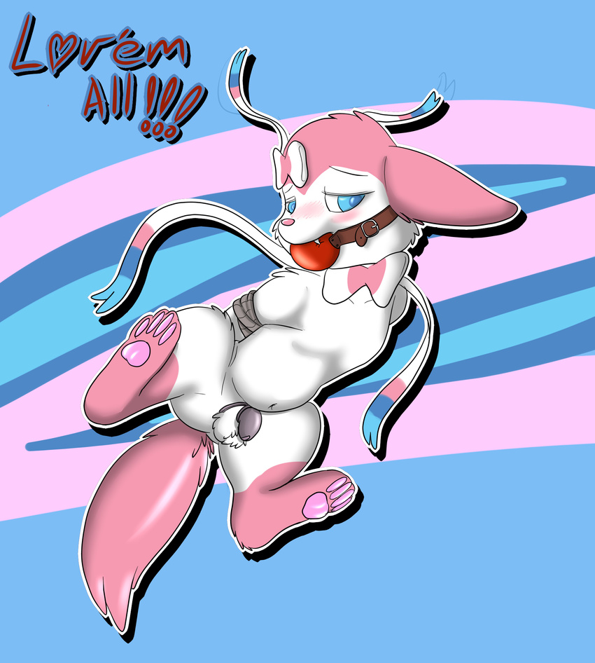 abstract_background arms_tied ball_gag balls blush bound canine chastity chastity_cage cute_fangs eeveelution english_text feral flaccid gag hands_behind_back looking_away male mammal navel nintendo pawpads penis pok&eacute;mon quadruped skunket spread_legs spreading sylveon text video_games