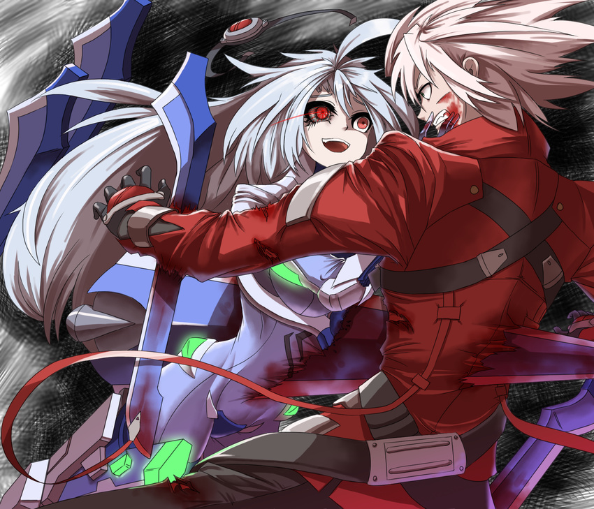 1boy 1girl ahoge blazblue braid couple highres kkumdol long_hair nu-13 ragna_the_bloodedge red_eyes silver_hair single_braid spiked_hair tagme very_long_hair