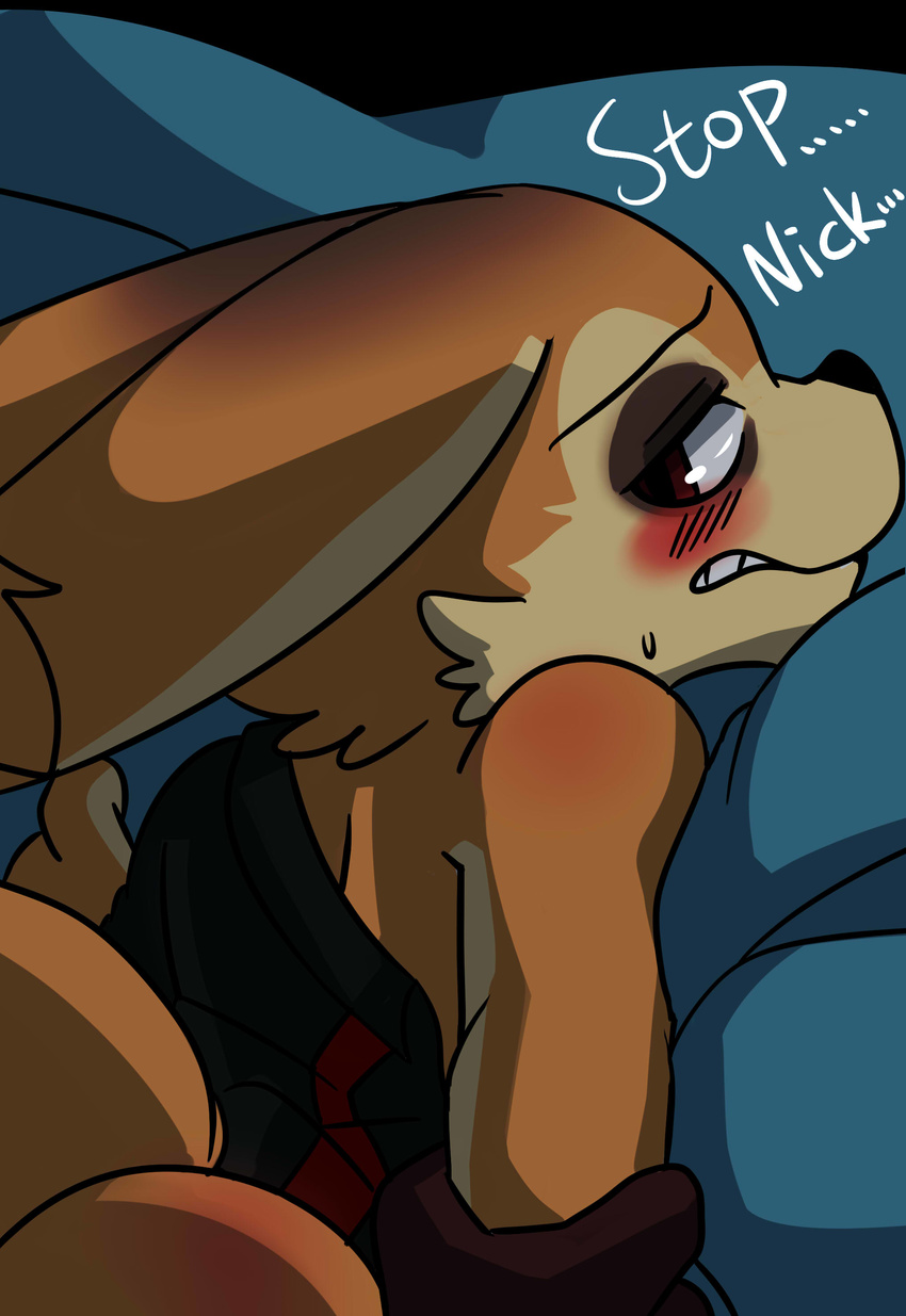 absurd_res anthro bed blush bottomless butt_blush canine clenched_teeth clothed clothing dialogue disney english_text fennec finnick fox hi_res looking_back lying male mammal on_bed on_front rear_view saku1saya solo sweat sweatdrop teeth text unseen_character zootopia