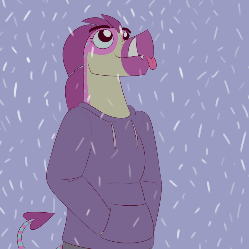 anthro clothed clothing coloborhynchus crest crocodilianbooty fangs female hoodie lychee_(crocodilianbooty) pointed_tail pterosaur reptile scalie snow snowing solo tongue tongue_out tusks