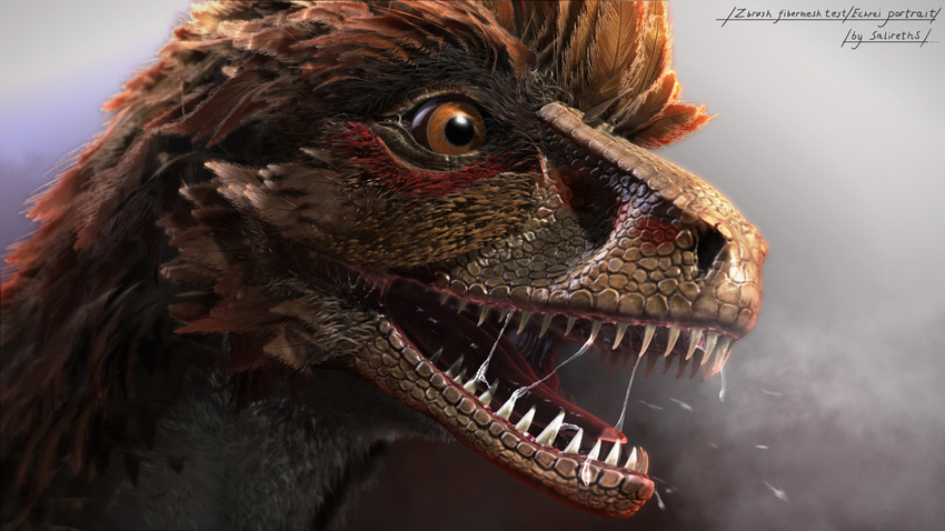 2012 3d_(artwork) ambiguous_gender beak black_fur black_scales brown_eyes brown_feathers brown_scales brown_sclera cgi close-up detailed digital_media_(artwork) dinosaur drooling echrei_(character) feathers feral fur mouth_shot open_mouth orange_feathers portrait raptor red_fur red_scales reptile salireths saliva scales scalie sharp_teeth simple_background solo teeth text theropod tongue utahraptor white_background white_fur