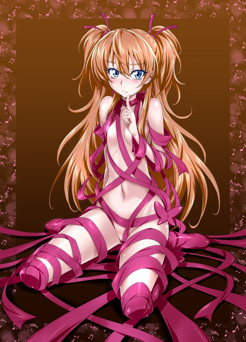 arm_at_side bangs bass_clef beamed_sixteenth_notes blonde_hair blue_eyes blush border breasts brown_background commentary_request eighth_note entangled eyelashes finger_to_mouth frown full_body gradient gradient_background groin hair_between_eyes hair_ribbon highres houjou_hibiki kneeling long_hair looking_at_viewer musical_note nakahira_guy naked_ribbon navel pink_ribbon precure pussy_peek quarter_note revision ribbon sitting small_breasts solo staff_(music) suite_precure treble_clef two_side_up wariza