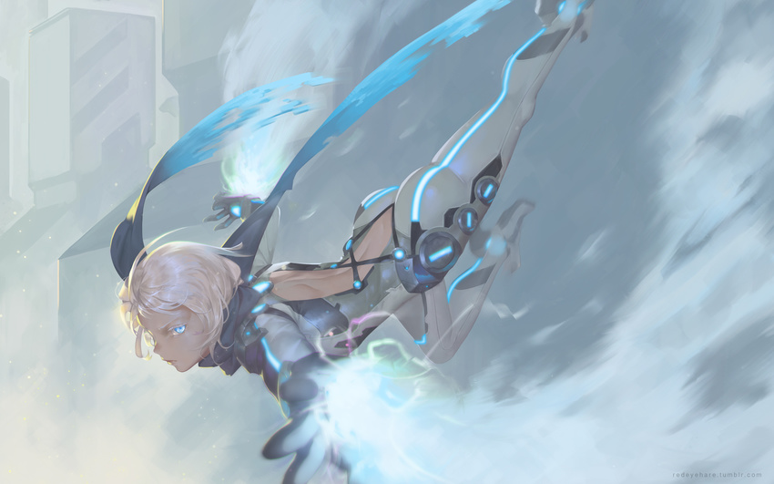 ahoge ass back back_cutout black_light blue_eyes blue_scarf bodysuit closed_mouth colored_eyelashes electricity flying glowing high_heels highres looking_at_viewer original outstretched_arms scarf silver_hair solo spread_arms torn_scarf visible_air wallpaper white_hair