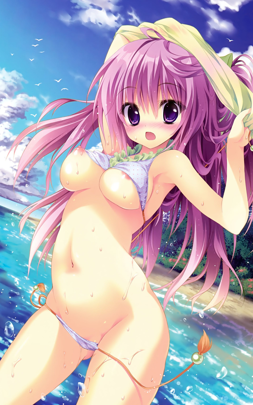 :o absurdres arm_up armpits beach bikini bikini_lift bikini_pull blush breasts cloud contrapposto d: day dutch_angle eyebrows eyebrows_visible_through_hair full-face_blush highres lavender_hair long_hair looking_at_viewer medium_breasts navel nipple_slip nipples nose_blush ocean open_mouth outdoors polka_dot polka_dot_bikini purple_eyes scan shiramori_yuse side-tie_bikini skindentation sky solo standing swimsuit undressing untied untied_bikini wardrobe_malfunction wet white_bikini