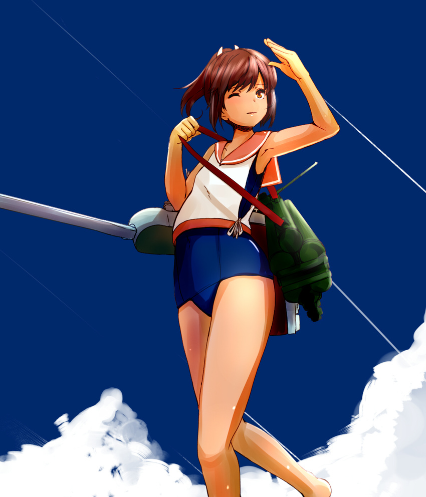 armpits blue_sky brown_eyes brown_hair cloud day dearmybrothers hair_ornament hairclip highres i-401_(kantai_collection) kantai_collection machinery one-piece_swimsuit one_eye_closed ponytail sailor_collar school_swimsuit school_uniform serafuku shading_eyes short_ponytail sky solo swimsuit swimsuit_under_clothes tan tanline