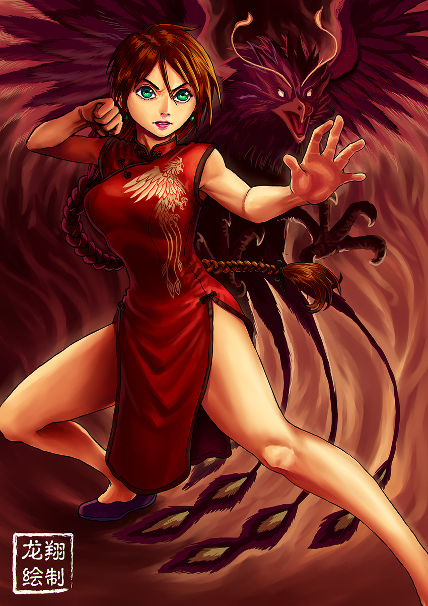 bird borrowed_character braid breasts brown_hair china_dress chinese_clothes clenched_hand dress earrings eyebrows flats green_eyes highres jewelry large_breasts lipstick long_hair makeup making_of original phoenix red_dress ryu_shou side_slit single_braid sleeveless sleeveless_dress solo very_long_hair voltsurge_(s3rb4n)