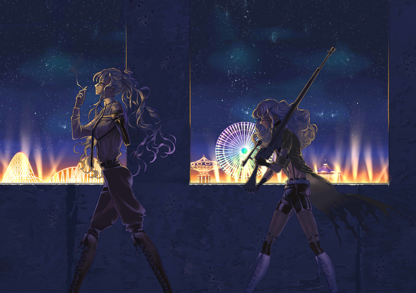 absurdres amputee black_gloves carnival cigarette cross-laced_footwear ferris_wheel gloves gun highres light mishin_(yuu1720390) multiple_girls navel night night_sky original pantyhose ponytail rifle roller_coaster shorts sky smoking sniper_rifle star_(sky) starry_sky stump_cover suspenders torn_clothes walking weapon white_hair