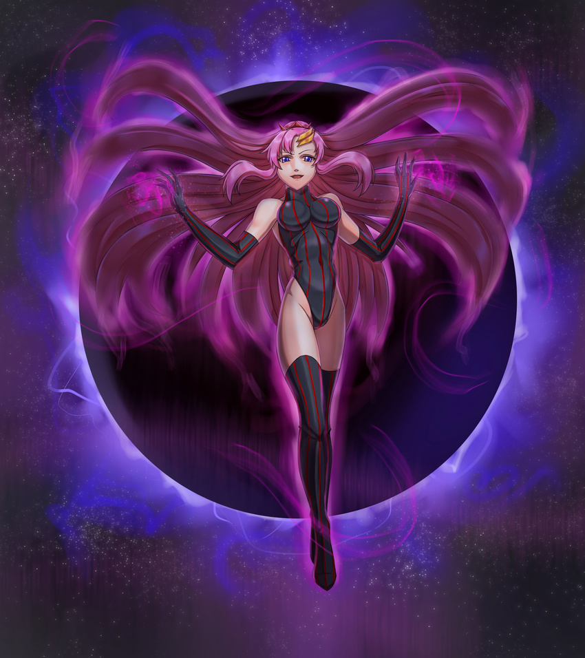 absurdres blue_eyes breasts commentary_request corruption dark_persona elbow_gloves fate_(series) gloves gundam gundam_seed hair_ornament highres lacus_clyne leebigtree leotard long_hair medium_breasts pink_hair smile solo thighhighs