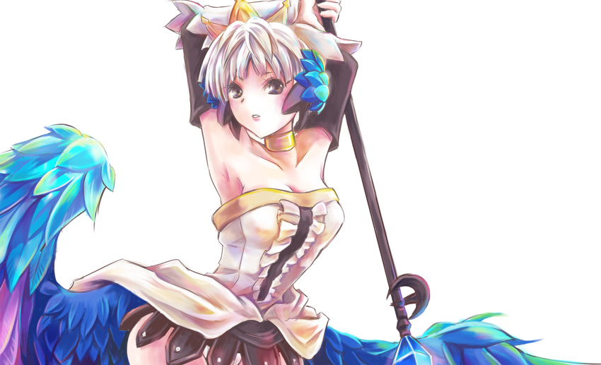 armpits arms_up breasts brown_eyes choker cleavage crown detached_sleeves dress gwendolyn highres low_wings medium_breasts multicolored multicolored_wings odin_sphere polearm rito_(ritostyle) short_hair showgirl_skirt silver_hair solo spear strapless strapless_dress very_short_hair weapon white_background wings