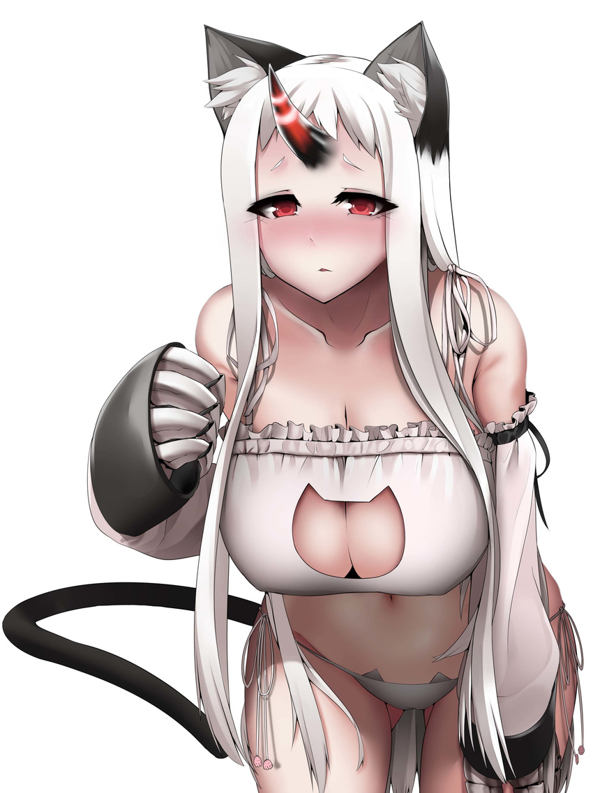 absurdres animal_ears ass_visible_through_thighs bra breasts cat_cutout cat_ear_panties cat_ears cat_lingerie cat_tail claws cleavage_cutout frilled_bra frills highres horn kantai_collection kemonomimi_mode large_breasts luonawei meme_attire navel pale_skin panties red_eyes seaport_hime shinkaisei-kan side-tie_panties solo tail underwear underwear_only white_bra white_hair white_panties
