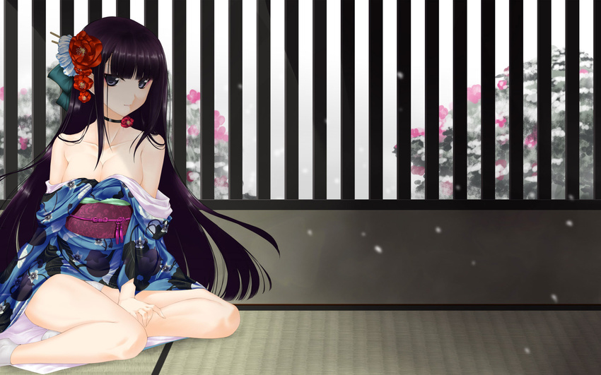 1girl bare_shoulders black_eyes black_hair breasts cleavage hair_ornament long_hair looking_at_viewer miyata_sou muvluv muvluv_alternative muvluv_total_eclipse open_clothes sitting solo tagme yamashiro_kazusa