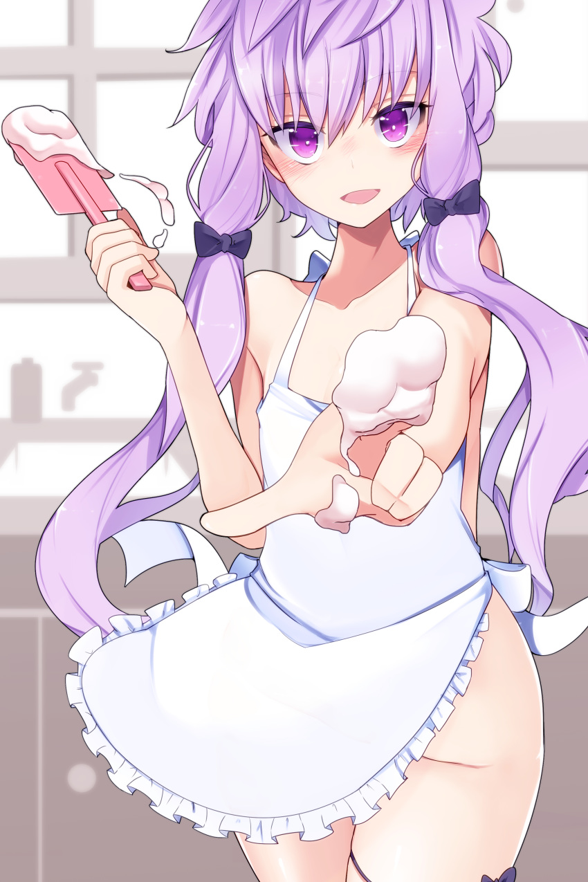 1girl :d absurdres apron bare_shoulders blue_bow blush bow breasts collarbone commentary_request cream eyebrows_visible_through_hair food hair_bow hair_ornament happy highres holding indoors long_hair looking_at_viewer naked_apron open_mouth pon_(shind_997) purple_eyes purple_hair short_hair_with_long_locks sidelocks small_breasts smile solo twintails vocaloid voiceroid white_apron window yuzuki_yukari