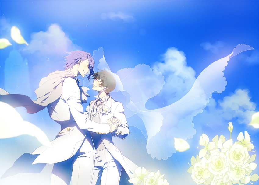 black_hair catgirl0926 closed_eyes couple day ein_dalton flower formal gaelio_bauduin gundam gundam_tekketsu_no_orphans highres holding_hands male_focus multiple_boys purple_hair sky smile suit tuxedo veil white_suit yaoi