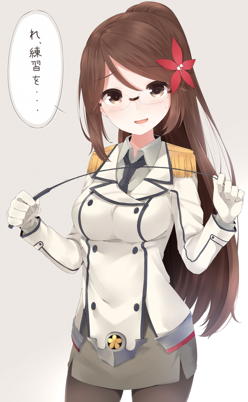 amagi_(kantai_collection) bespectacled blush breasts brown_eyes brown_hair cosplay double-breasted epaulettes glasses gloves hair_between_eyes hair_ornament highres kantai_collection katori_(kantai_collection) katori_(kantai_collection)_(cosplay) leaf leaf_hair_ornament long_hair looking_at_viewer maple_leaf medium_breasts military military_uniform miniskirt mole mole_under_eye necktie open_mouth pantyhose pointer ponytail riding_crop skirt smile solo translated uniform white_gloves yukichi_(sukiyaki39)