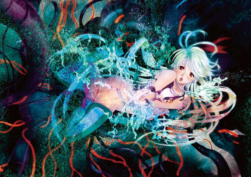ass cable lipstick long_hair makeup megazone_23 mikimoto_haruhiko multicolored_hair no_panties open_mouth red_eyes silver_hair solo thighhighs tokimatsuri_eve torn_clothes very_long_hair