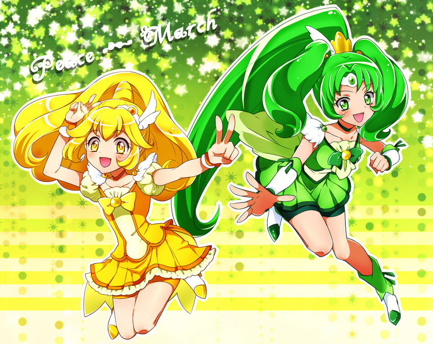 :d bare_legs bike_shorts blonde_hair bow brooch character_name choker cure_march cure_peace double_v full_body gradient gradient_background green_background green_bow green_choker green_eyes green_hair green_shorts green_skirt hair_flaps jewelry kagami_chihiro kise_yayoi long_hair magical_girl midorikawa_nao multiple_girls open_mouth ponytail precure shoes shorts shorts_under_skirt skirt smile smile_precure! tri_tails v wrist_cuffs yellow_background yellow_bow yellow_eyes yellow_shorts yellow_skirt