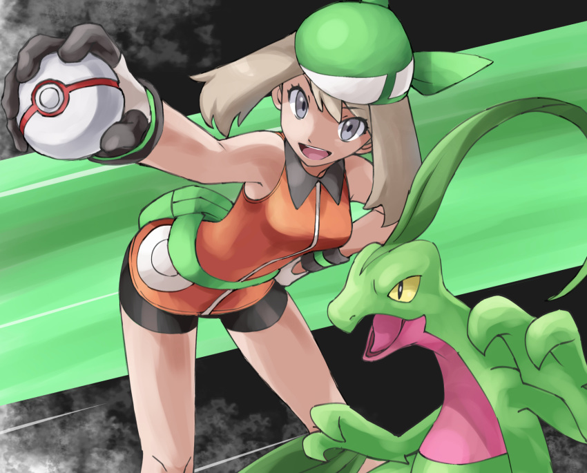 &gt;:d 1girl :d bandanna bangs bare_arms bare_legs bare_shoulders bent_over bike_shorts breasts collared_dress creatures_(company) dress eyebrows_visible_through_hair eyes_visible_through_hair fanny_pack female game_freak gen_3_pokemon gloves green_bandanna grey_eyes grovyle hand_on_hip haruka_(pokemon) haruka_(pokemon_emerald) highres holding holding_poke_ball legs legs_apart light_brown_hair looking_at_viewer medium_breasts multicolored multicolored_clothes multicolored_gloves nintendo open_mouth orange_dress outstretched_arm poke_ball pokemon pokemon_(creature) pokemon_(game) pokemon_emerald pokemon_rse premier_ball pretty-purin720 round_teeth short_dress short_hair sleeveless sleeveless_dress smile standing teeth upper_teeth