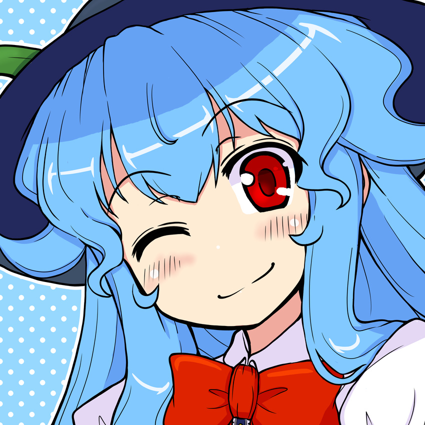 ;) blue_hair blush bow bowtie c: close-up dress_shirt eruru_(erl) halftone halftone_background hat head_tilt highres hinanawi_tenshi leaf long_hair looking_at_viewer one_eye_closed red_eyes shirt smile solo touhou wavy_hair