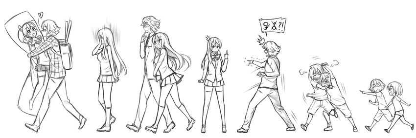 1girl age_progression anger_vein bad_end comic dakimakura_(object) facepalm greyscale hetero long_hair middle_finger monochrome otaku peach_(momozen) pillow school_uniform silent_comic skirt surprised thighhighs