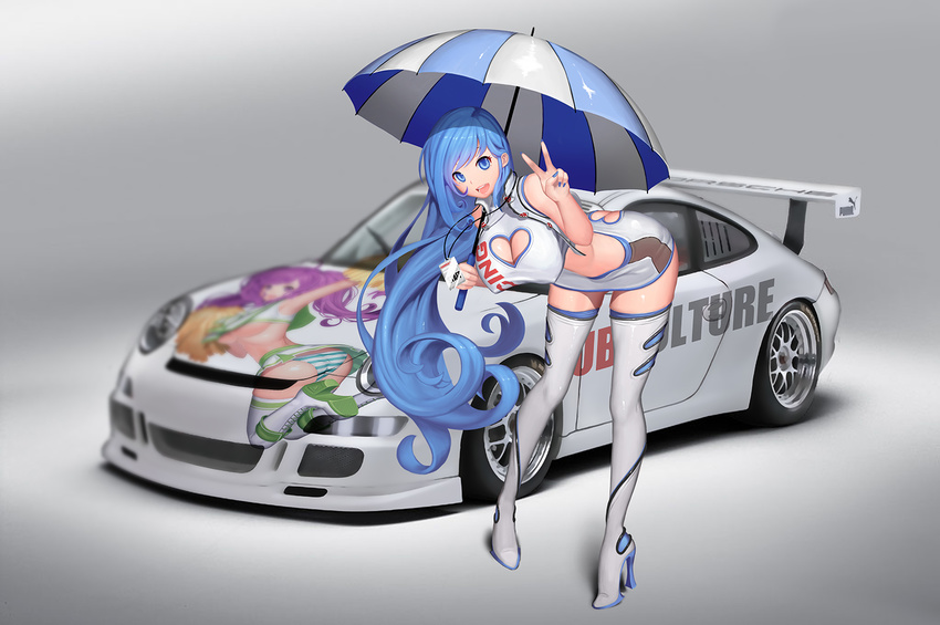 artist_self-reference ass_cutout bare_shoulders bent_over blue_eyes blue_hair blue_nails breasts car cleavage_cutout covered_nipples dress ground_vehicle heart_cutout high_heels itasha large_breasts long_hair looking_at_viewer motor_vehicle naco_(manacool) nail_polish name_tag original porsche porsche_911 race_queen solo thighhighs umbrella v very_long_hair zettai_ryouiki