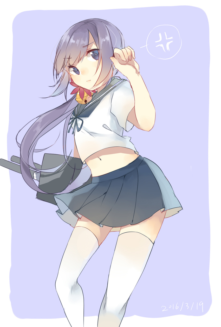 akebono_(kantai_collection) anger_vein bell caddy_cyd dated flower hair_bell hair_flower hair_ornament highres jingle_bell kantai_collection long_hair midriff navel neck_ribbon pleated_skirt purple_eyes purple_hair ribbon sailor_collar school_uniform serafuku side_ponytail skirt solo spoken_anger_vein thighhighs very_long_hair white_legwear zettai_ryouiki