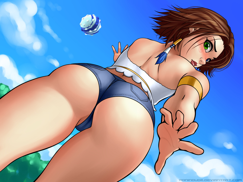 1girl armlet ass back ball bare_shoulders blue_eyes braid brown_hair denim denim_shorts final_fantasy final_fantasy_x final_fantasy_x-2 from_behind from_below green_eyes heterochromia huge_ass lips looking_back looking_down ronindude short_hair short_shorts shorts sky smile solo yuna