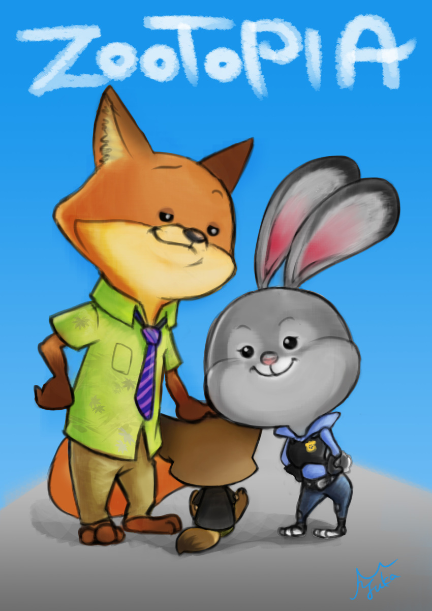 2016 absurd_res anthro barefoot canid canine clothed clothing disney duo fennec finnick fox fur hi_res judy_hopps lagomorph mammal necktie nick_wilde police_uniform rabbit simple_background smile standing uniform zootopia