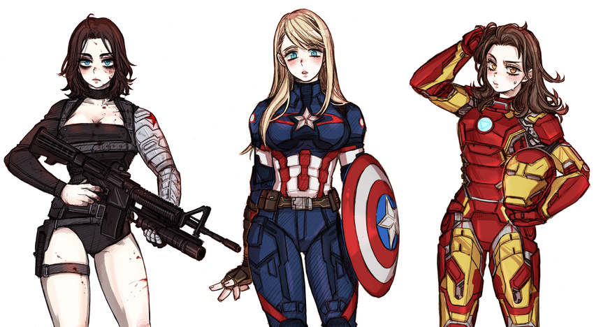 adapted_costume ahoge armor ass_visible_through_thighs avengers bad_id bad_pixiv_id bags_under_eyes belt belt_pouch black_hair blonde_hair blood blood_stain blue_eyes blush breast_squeeze breasts brown_eyes brown_hair captain_america choker cleavage commentary_request dishing fingerless_gloves genderswap genderswap_(mtf) gloves gun hand_in_hair handgun headwear_removed helmet helmet_removed highres iron_man james_buchanan_barnes large_breasts long_hair marvel mechanical_arm medium_breasts multiple_girls pistol pouch pout rifle short_hair short_shorts shorts steve_rogers sweat thigh_gap thigh_strap tony_stark wavy_hair weapon winter_soldier