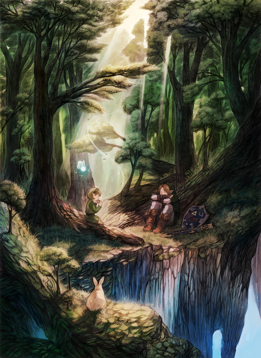 1girl against_tree animal bunny cliff closed_eyes commentary fairy forest green_hair hat highres instrument light_rays link maekakekamen music nature ocarina playing_instrument saria scenery shield short_hair sitting sleeping sleeping_upright sunlight sword the_legend_of_zelda the_legend_of_zelda:_ocarina_of_time tree weapon