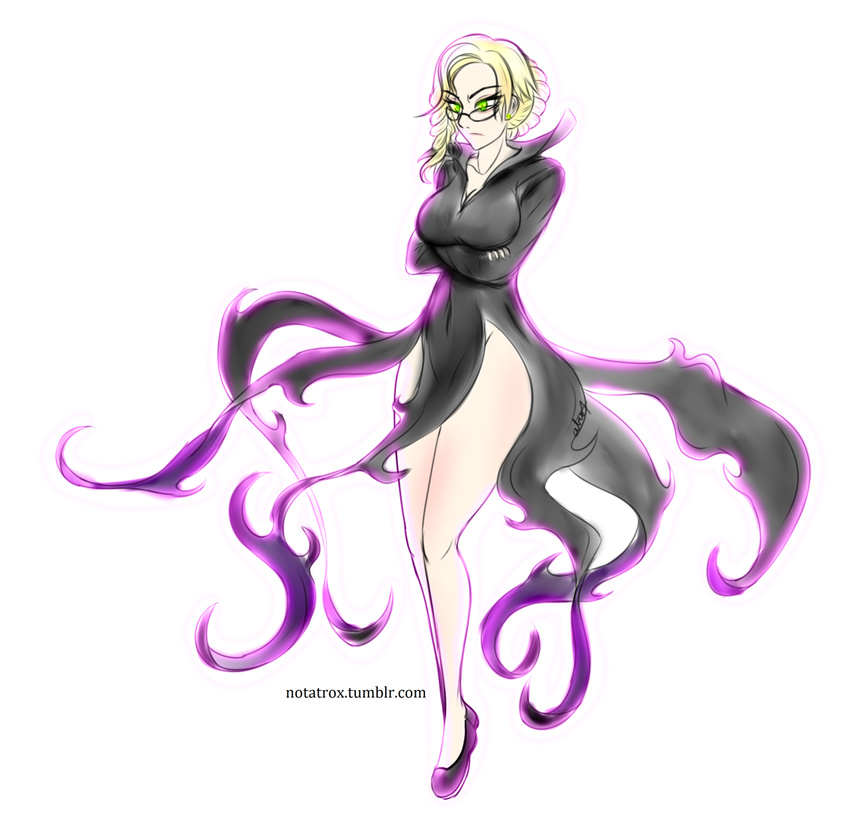 blonde_hair cosplay full_body glasses glynda_goodwitch green_eyes highres notatrox one-punch_man power_connection psychic rwby solo tatsumaki tatsumaki_(cosplay) watermark web_address