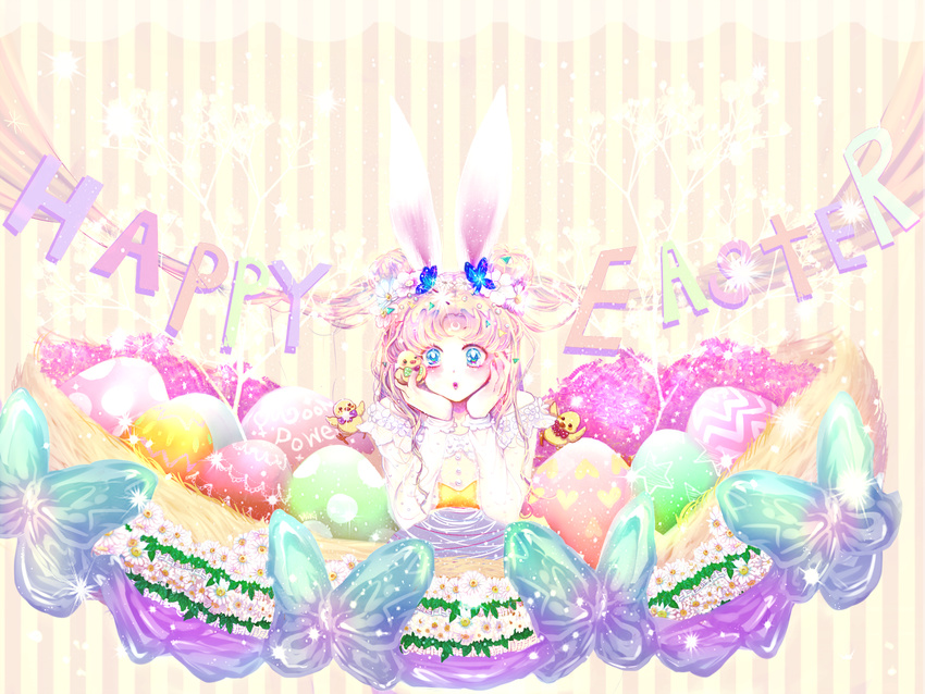 :o alternate_costume animal animal_ears bangs bare_shoulders beads bird bishoujo_senshi_sailor_moon blonde_hair blue_eyes blue_flower blush bow bunny_ears chicken crescent double_bun easter easter_egg egg english eyelashes facial_mark flower forehead_mark hair_beads hair_flower hair_ornament hands_on_own_cheeks hands_on_own_face happy_easter head_rest highres in_container leaf long_hair long_sleeves looking_at_viewer miki_shirley minigirl nail_polish nest off_shoulder oversized_object pink_lips polka_dot polka_dot_bow red_nails ribbon school_uniform solo sparkle striped striped_background text_focus triangle tsukino_usagi two_side_up upper_body venus_symbol vertical_stripes wallpaper white_flower