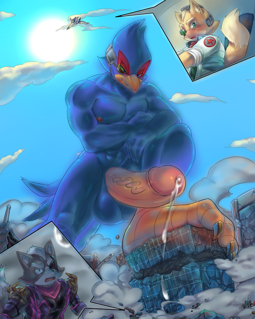 absurd_res anthro arwing avian bird canid canine canis city destruction erection falco_lombardi fox fox_mccloud grin hi_res looking_down looming low-angle_view macro male mammal nintendo penis precum smile soina star_fox stomping video_games wolf wolf_o'donnell