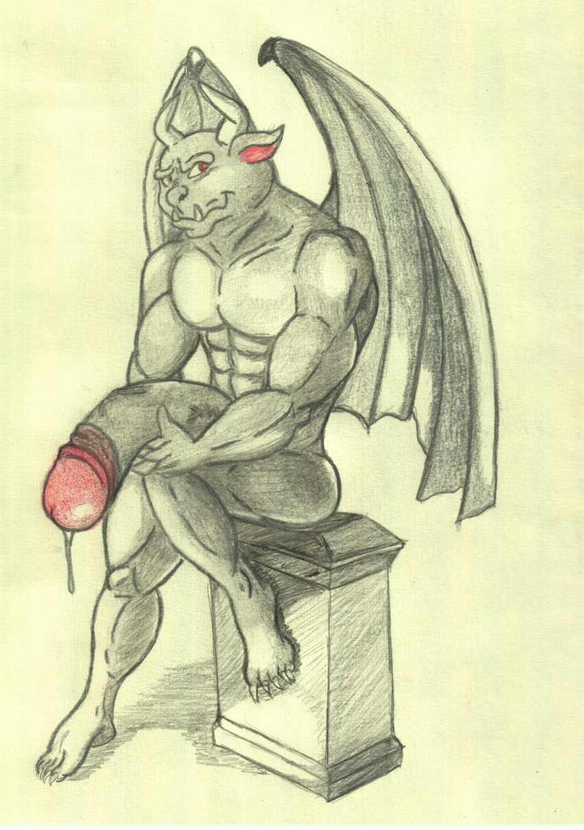 absurd_res butt crazy_company cum demon gargoyle grey_skin grin hi_res horn humanoid_penis hyper hyper_penis invalid_tag looking_back male muscular nude penis pose red_eyes simple_background sitting smile solo teeth vein wings