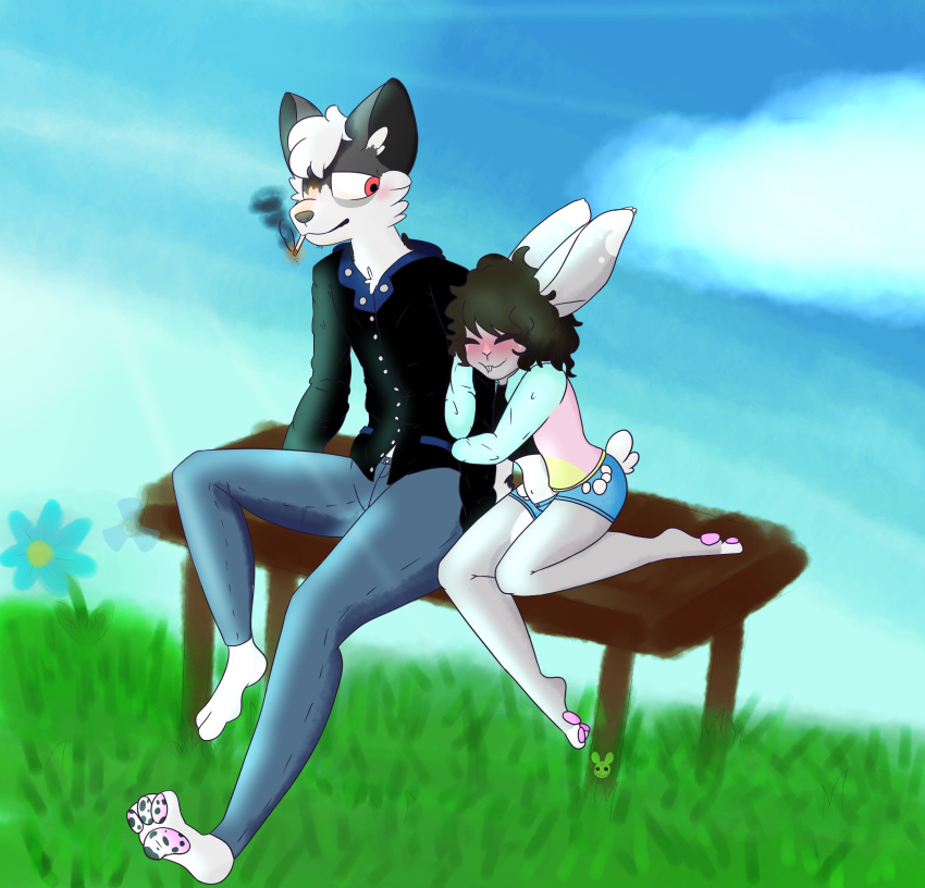 2019 absurd_res anthro backgrouns black_fur black_nose blush canid canine canis clothed clothing collaboration detailed_background digital_media_(artwork) domestic_dog duo female fur glowing grey_fur hair hi_res husky lagomorph male male/female mammal multicolored_fur multiple_artists outside rabbit radiation. red_eyes romantic smile smoke smoker smoking teeth white_fur zunknown